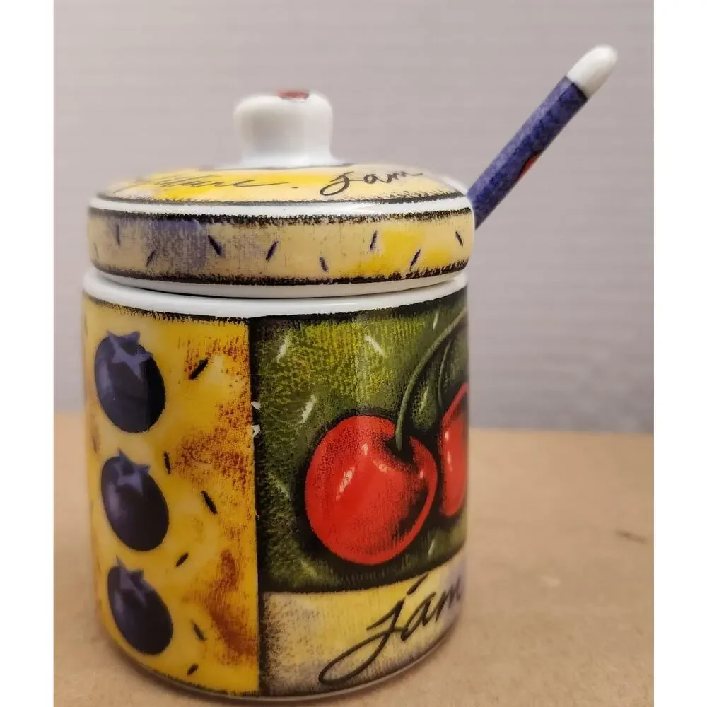 MSC Joie de Vivre Ceramic Jam Jar with Lid & Spoon | Fruit Pattern Confiture Pot